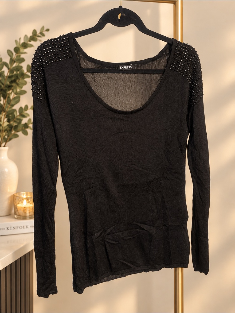 Express Black studded Shoulder Scoop Neck Long Sleeve Sweater